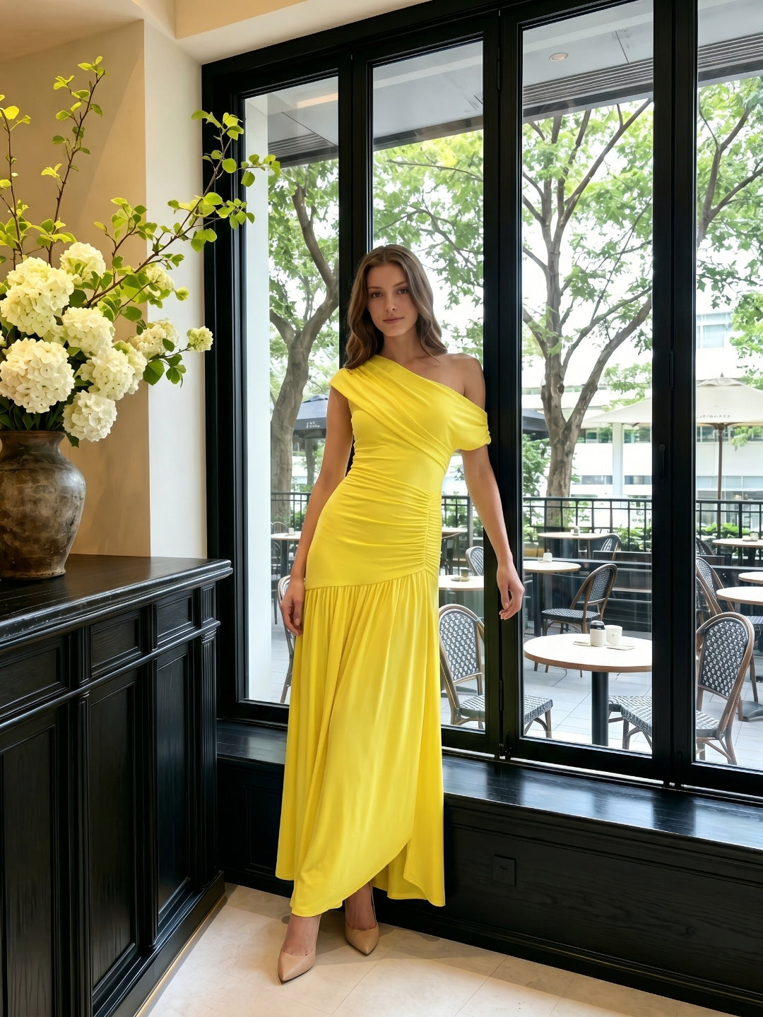 Lemon Stretch Knit A-Line One Shoulder Backless Ankle-Length Bridesmaid Dress with Pleats
