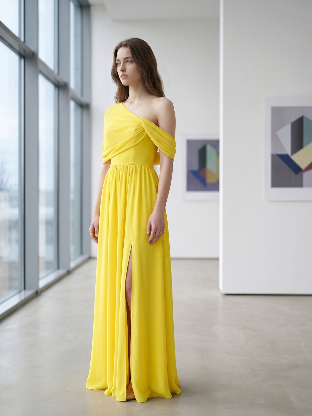 Lemon Stretch Knit A-Line One Shoulder Backless Floor-Length Bridesmaid Dress with Pleats