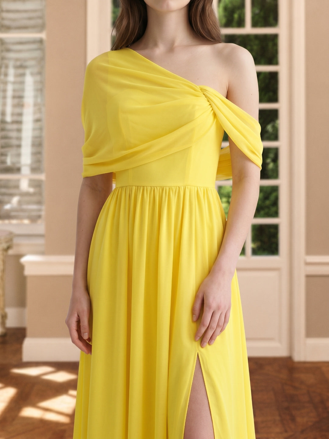 Lemon Stretch Knit A-Line One Shoulder Backless Floor-Length Bridesmaid Dress with Pleats