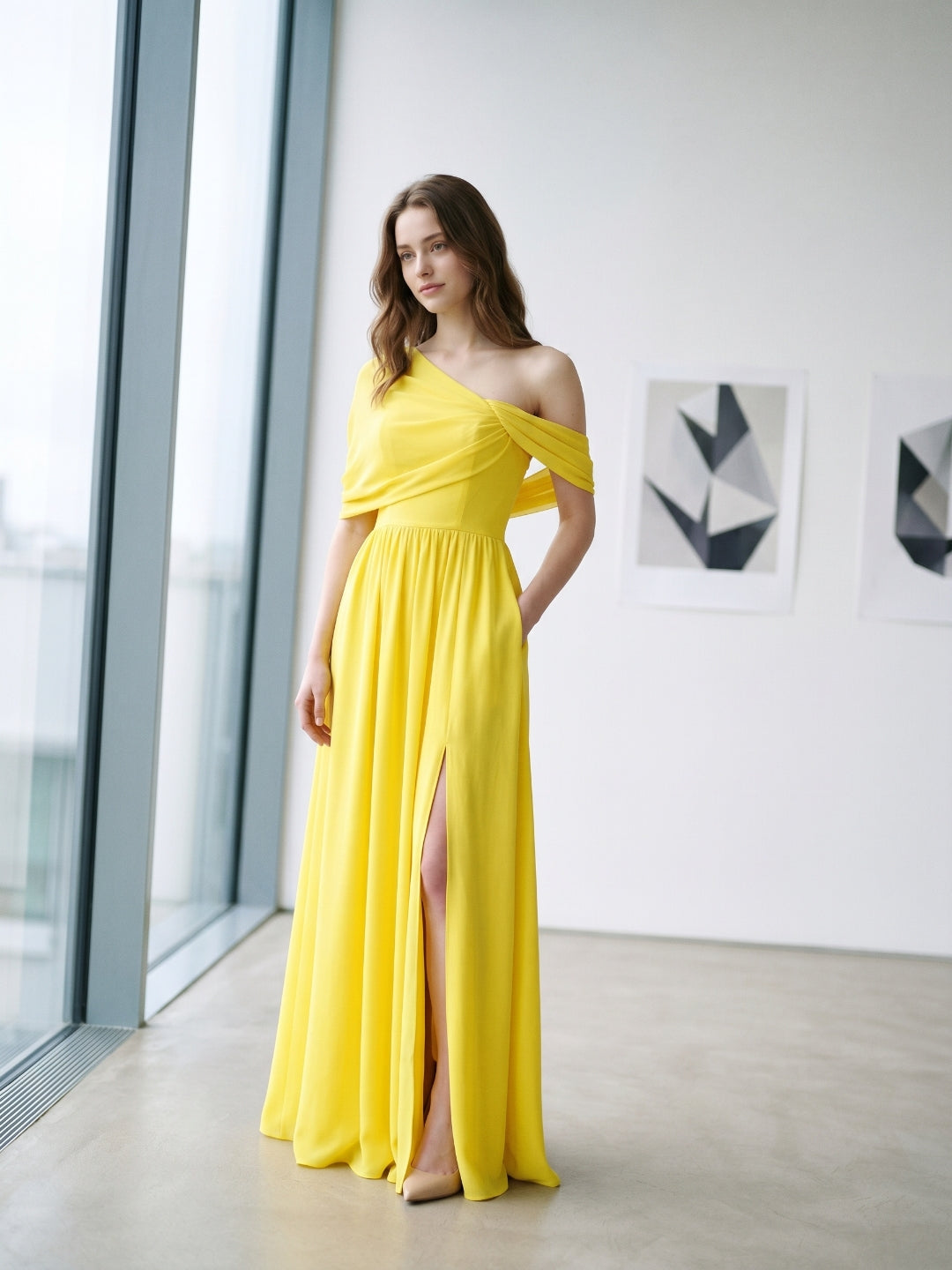 Lemon Stretch Knit A-Line One Shoulder Backless Floor-Length Bridesmaid Dress with Pleats