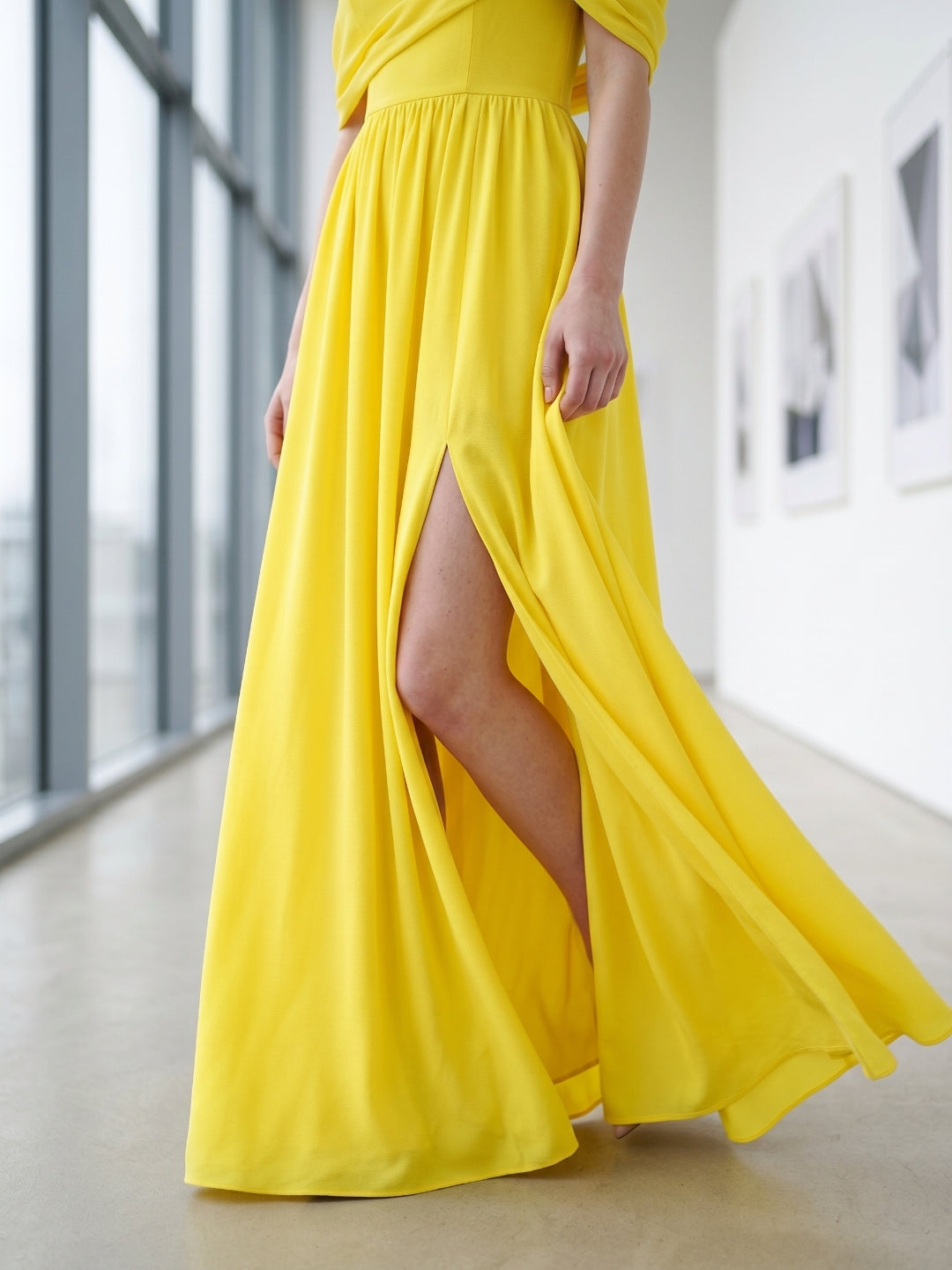 Lemon Stretch Knit A-Line One Shoulder Backless Floor-Length Bridesmaid Dress with Pleats