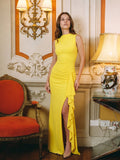 Lemon Stretch Knit A-Line Scoop Neck Back Zip Floor-Length Bridesmaid Dress with Pleats