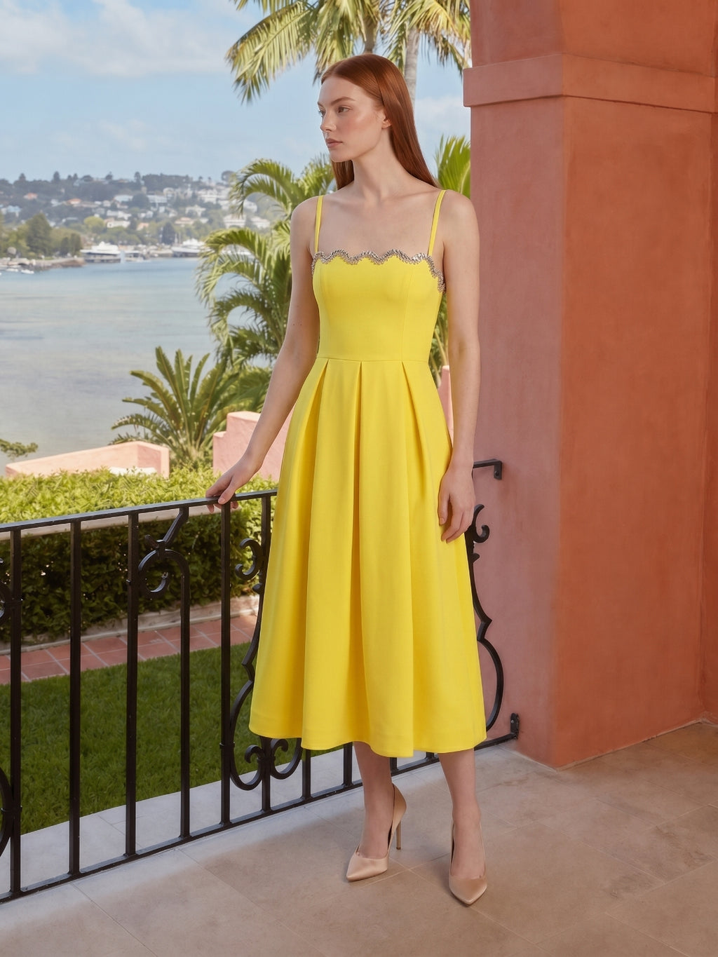 Lemon Stretch Knit A-Line Square Neck Back Zip Knee-Length Bridesmaid Dress with Pleats