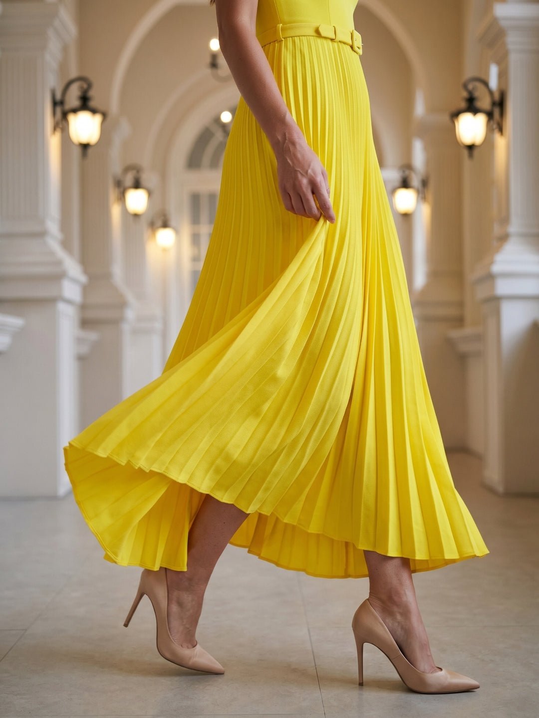 Lemon Stretch Knit A-Line Square Neck Backless Ankle-Length Bridesmaid Dress with Pleats