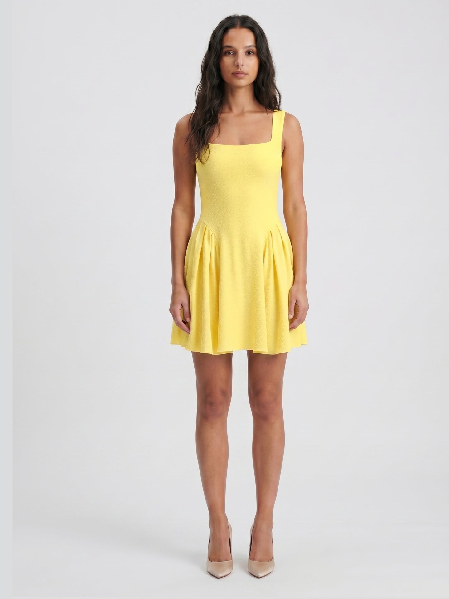 Lemon Stretch Knit A-Line Square Neck Knee-Length Bridesmaid Dress with Pleats