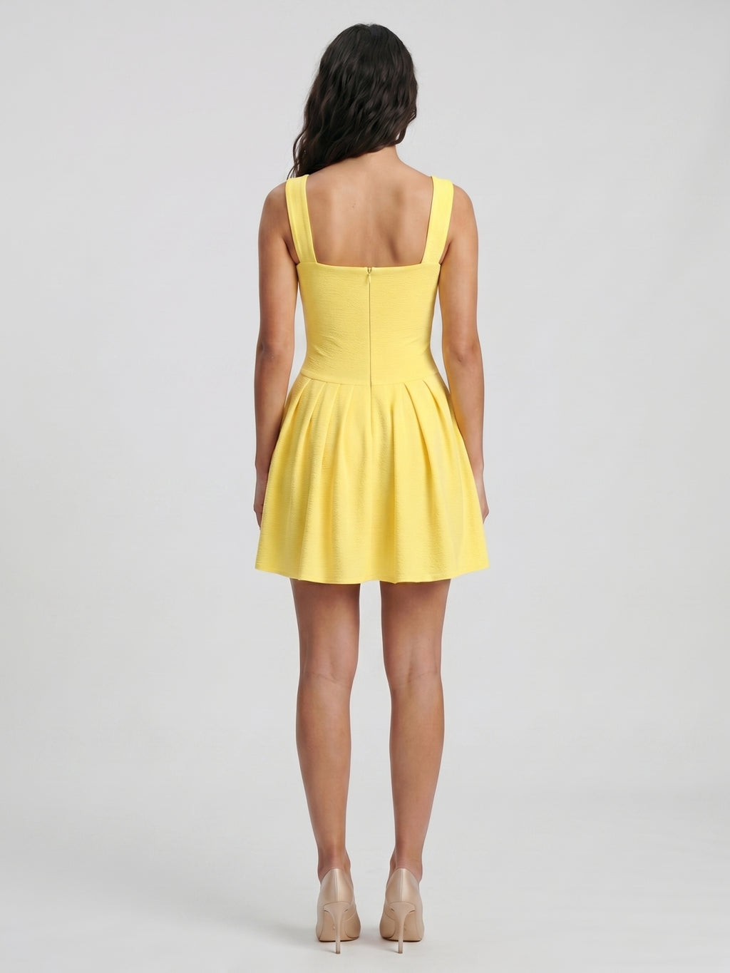 Lemon Stretch Knit A-Line Square Neck Knee-Length Bridesmaid Dress with Pleats