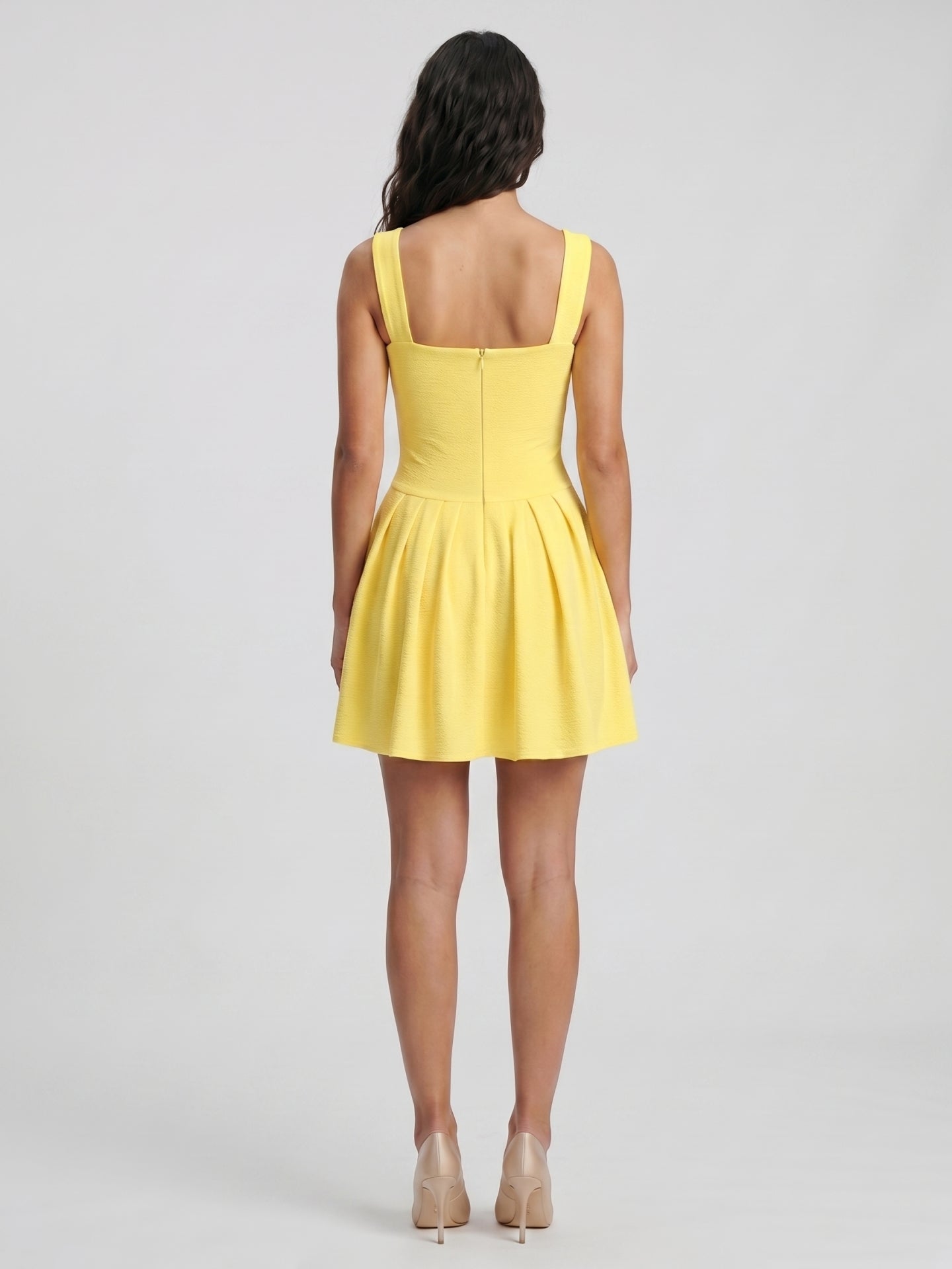 Lemon Stretch Knit A-Line Square Neck Knee-Length Bridesmaid Dress with Pleats