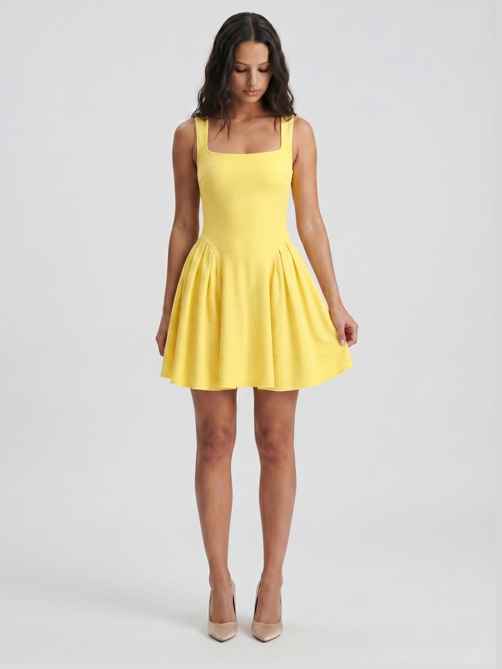 Lemon Stretch Knit A-Line Square Neck Knee-Length Bridesmaid Dress with Pleats