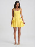 Lemon Stretch Knit A-Line Square Neck Knee-Length Bridesmaid Dress with Pleats