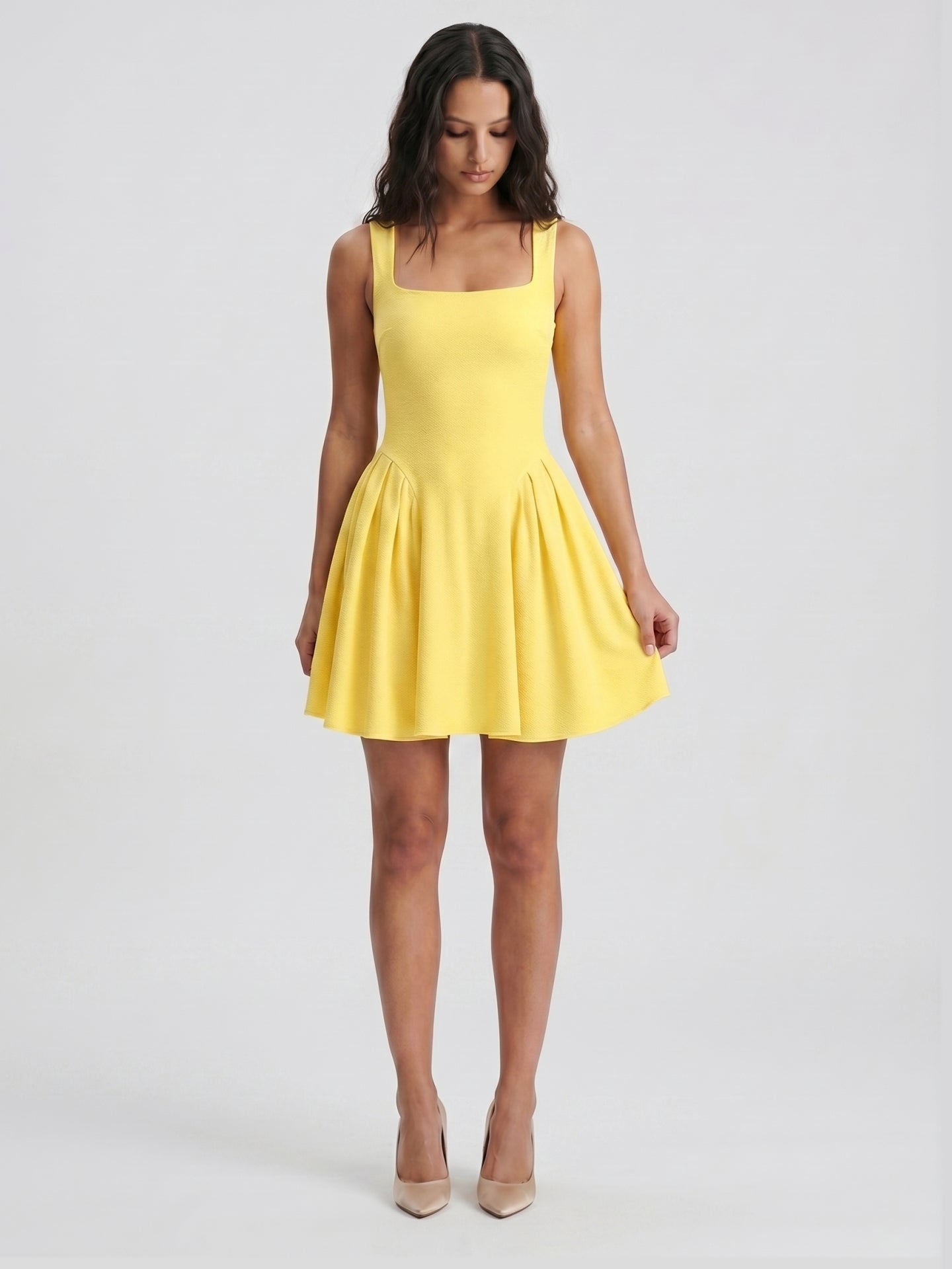 Lemon Stretch Knit A-Line Square Neck Knee-Length Bridesmaid Dress with Pleats