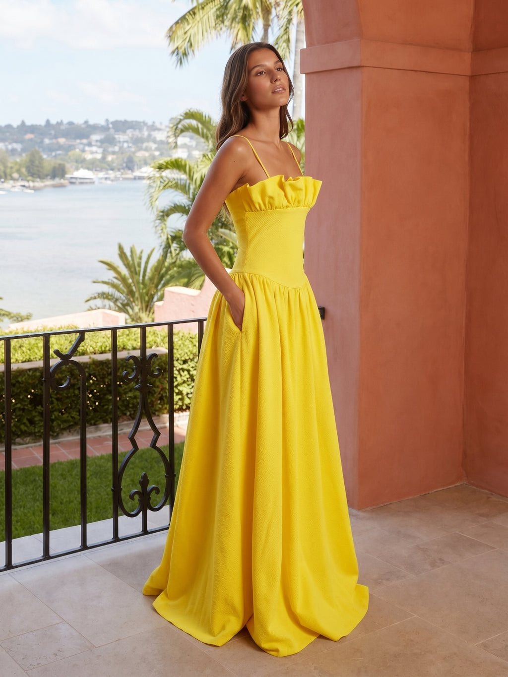 Lemon Stretch Knit A-Line Straight Neck Back Zip Floor-Length Bridesmaid Dress with Ruffles