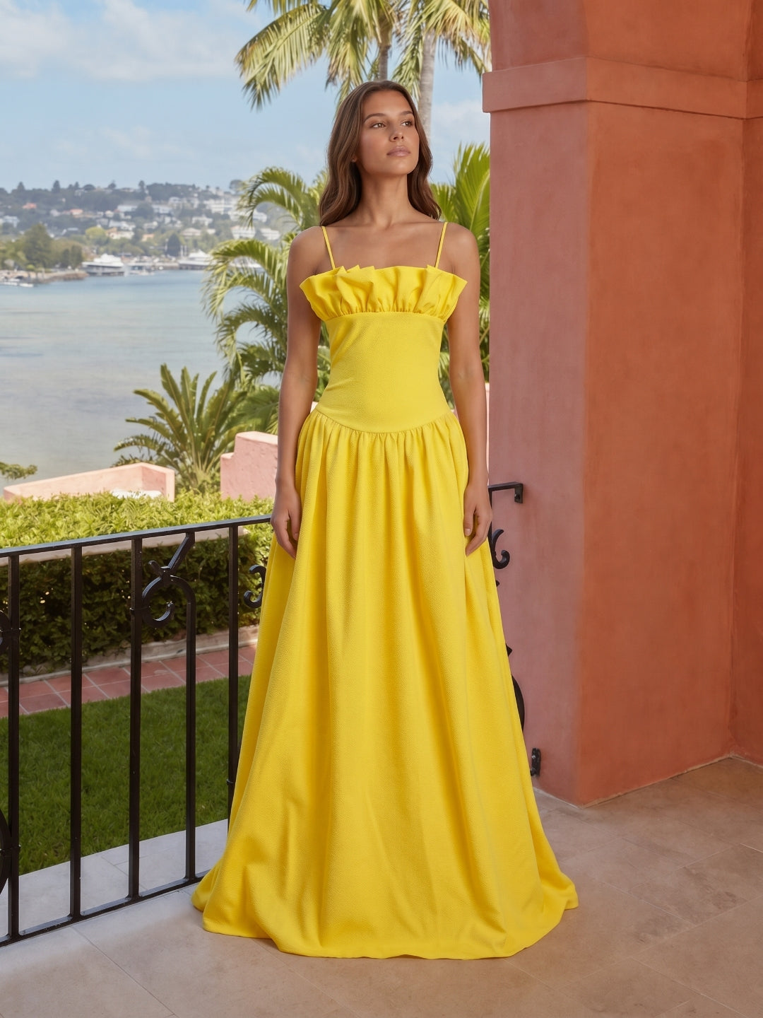 Lemon Stretch Knit A-Line Straight Neck Back Zip Floor-Length Bridesmaid Dress with Ruffles