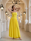 Lemon Stretch Knit A-Line Straight Neck Backless Floor-Length Bridesmaid Dress with Pleats