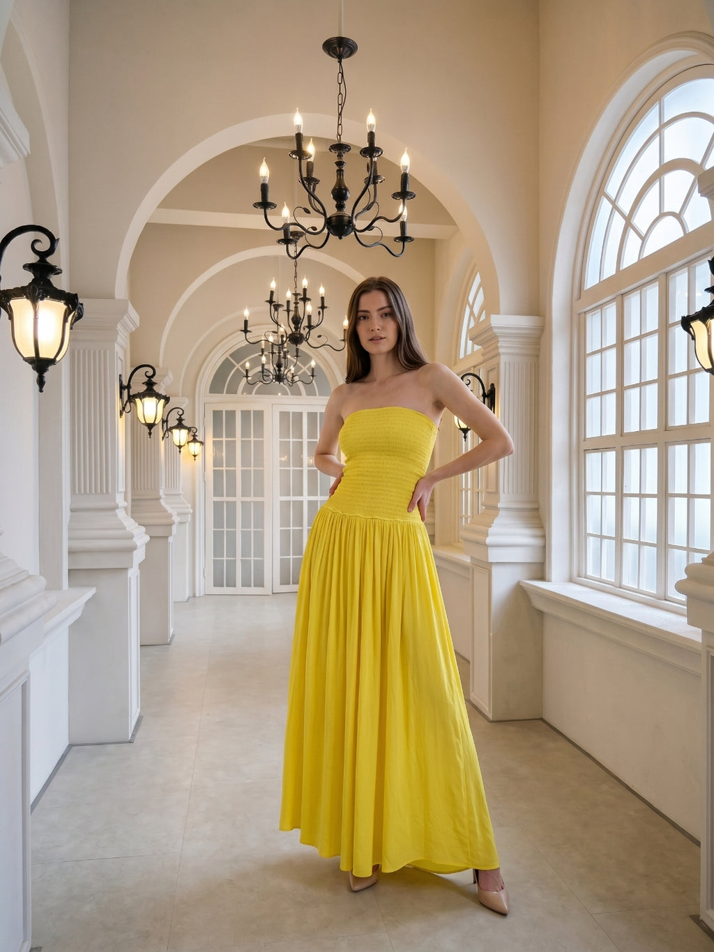 Lemon Stretch Knit A-Line Straight Neck Backless Floor-Length Bridesmaid Dress with Pleats