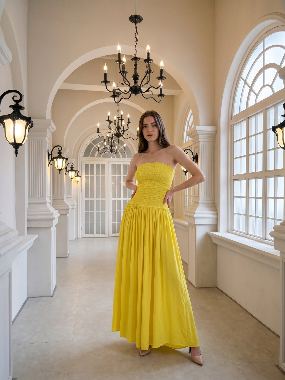 Lemon Stretch Knit A-Line Straight Neck Backless Floor-Length Bridesmaid Dress with Pleats