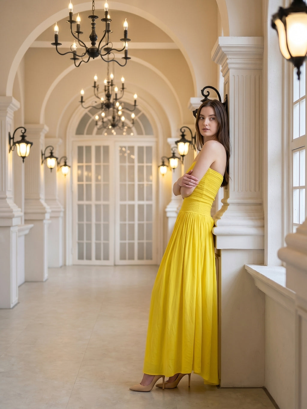 Lemon Stretch Knit A-Line Straight Neck Backless Floor-Length Bridesmaid Dress with Pleats