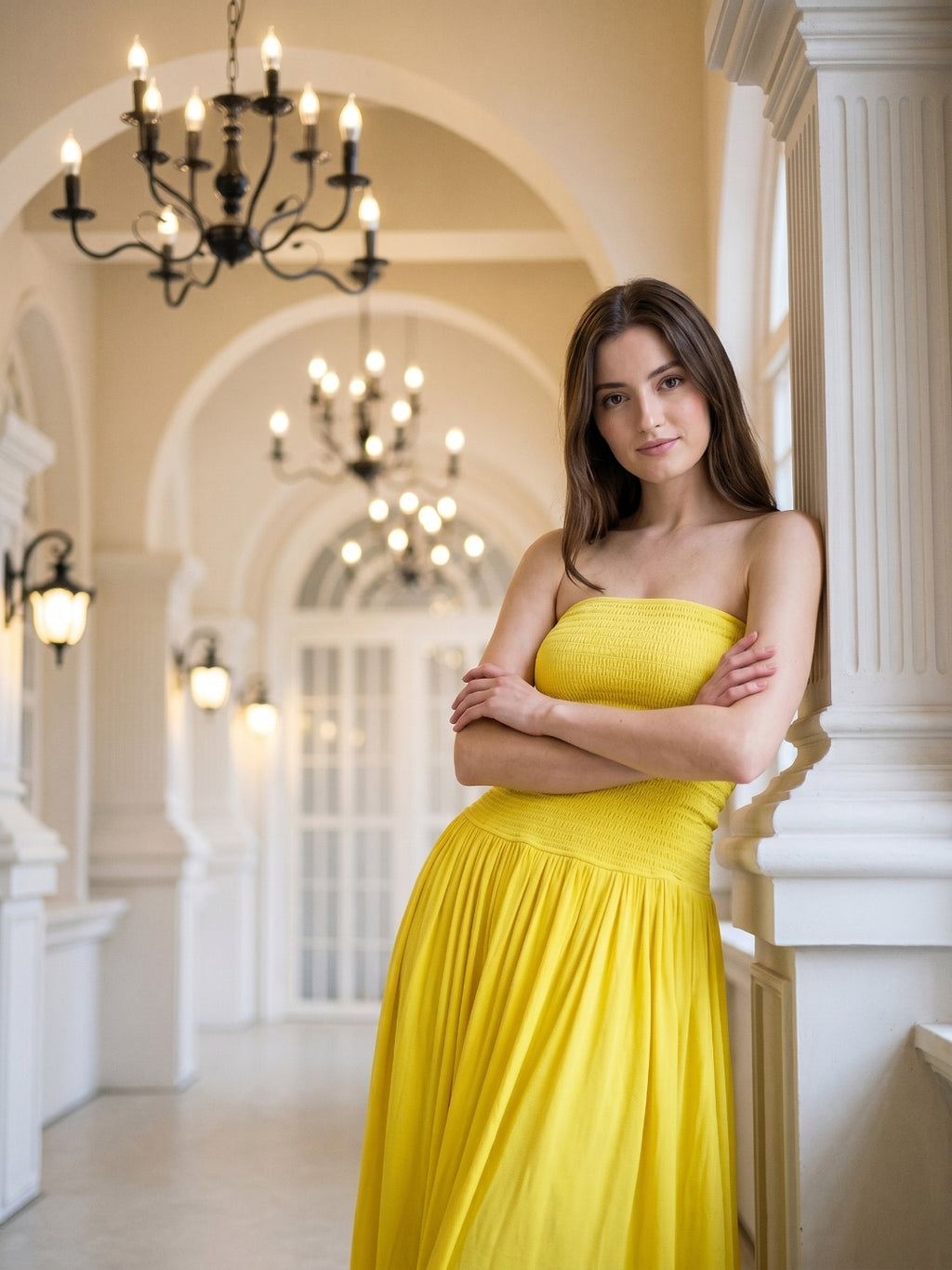 Lemon Stretch Knit A-Line Straight Neck Backless Floor-Length Bridesmaid Dress with Pleats