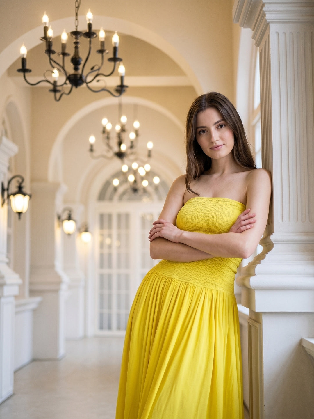 Lemon Stretch Knit A-Line Straight Neck Backless Floor-Length Bridesmaid Dress with Pleats