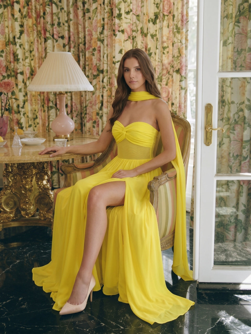 Lemon Stretch Knit A-Line Sweetheart Backless Floor-Length Bridesmaid Dress with Pleats