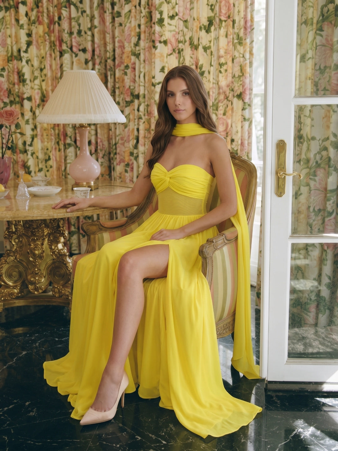 Lemon Stretch Knit A-Line Sweetheart Backless Floor-Length Bridesmaid Dress with Pleats