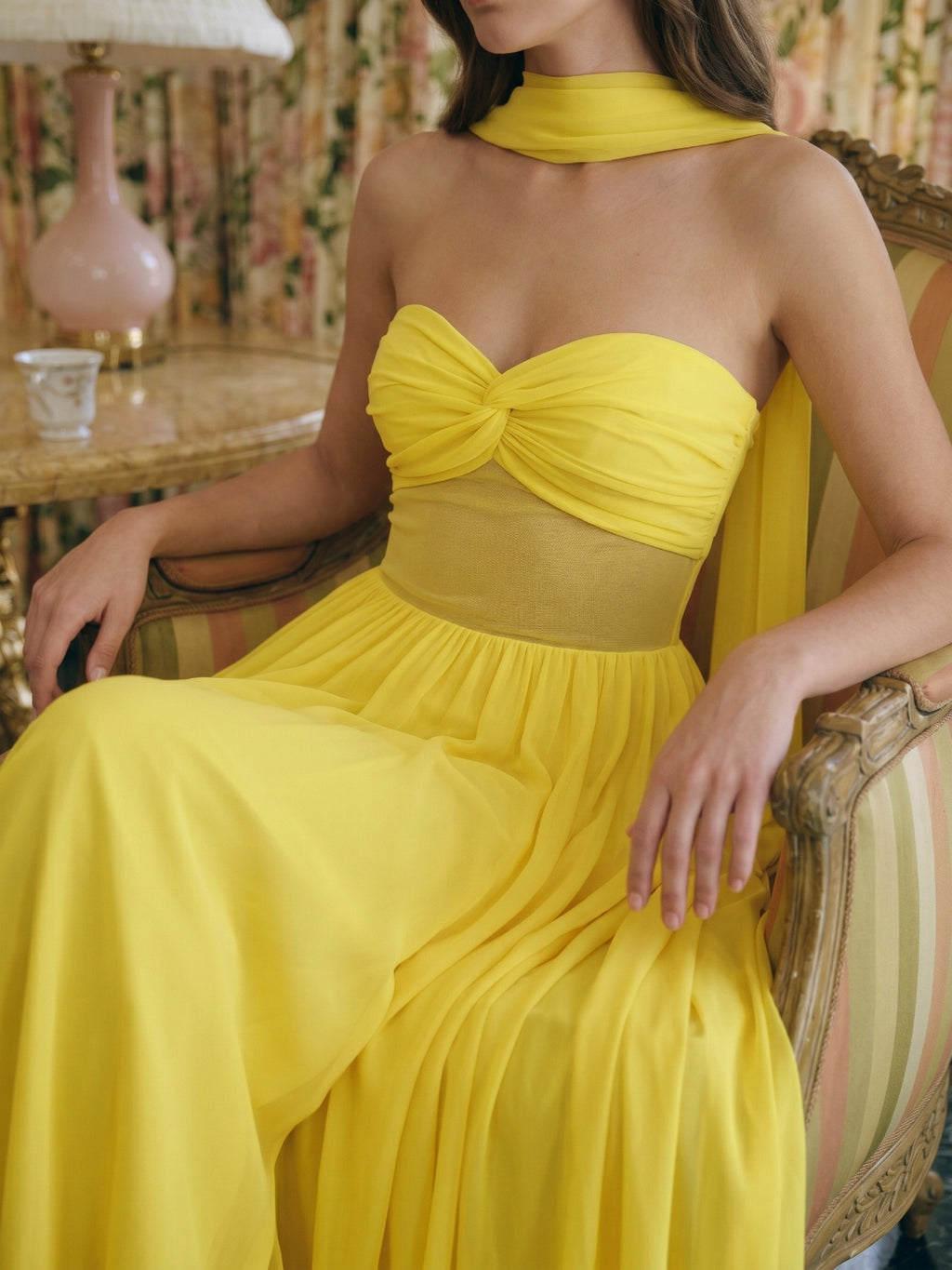 Lemon Stretch Knit A-Line Sweetheart Backless Floor-Length Bridesmaid Dress with Pleats