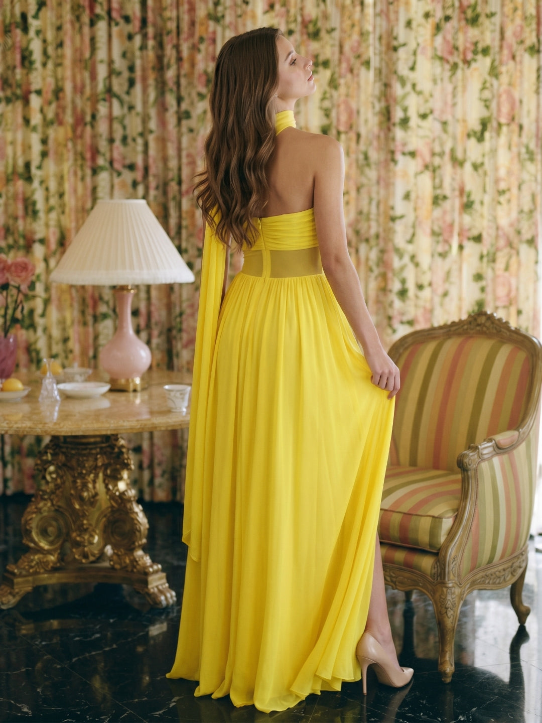 Lemon Stretch Knit A-Line Sweetheart Backless Floor-Length Bridesmaid Dress with Pleats