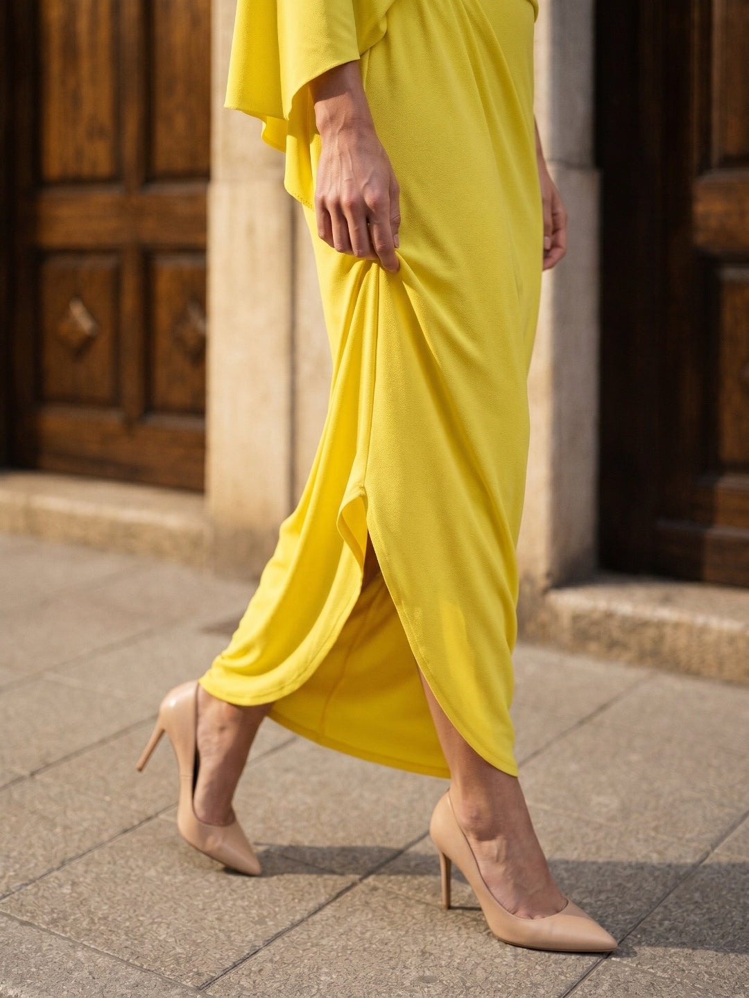 Lemon Stretch Knit Column One Shoulder Backless Ankle-Length Bridesmaid Dress with Pleats