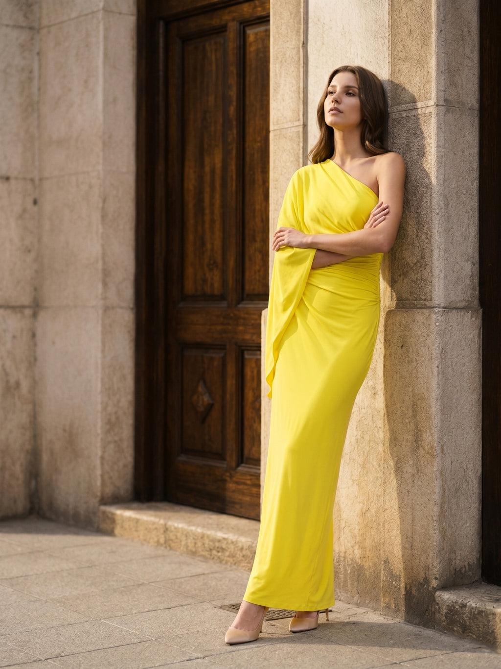 Lemon Stretch Knit Column One Shoulder Backless Ankle-Length Bridesmaid Dress with Pleats