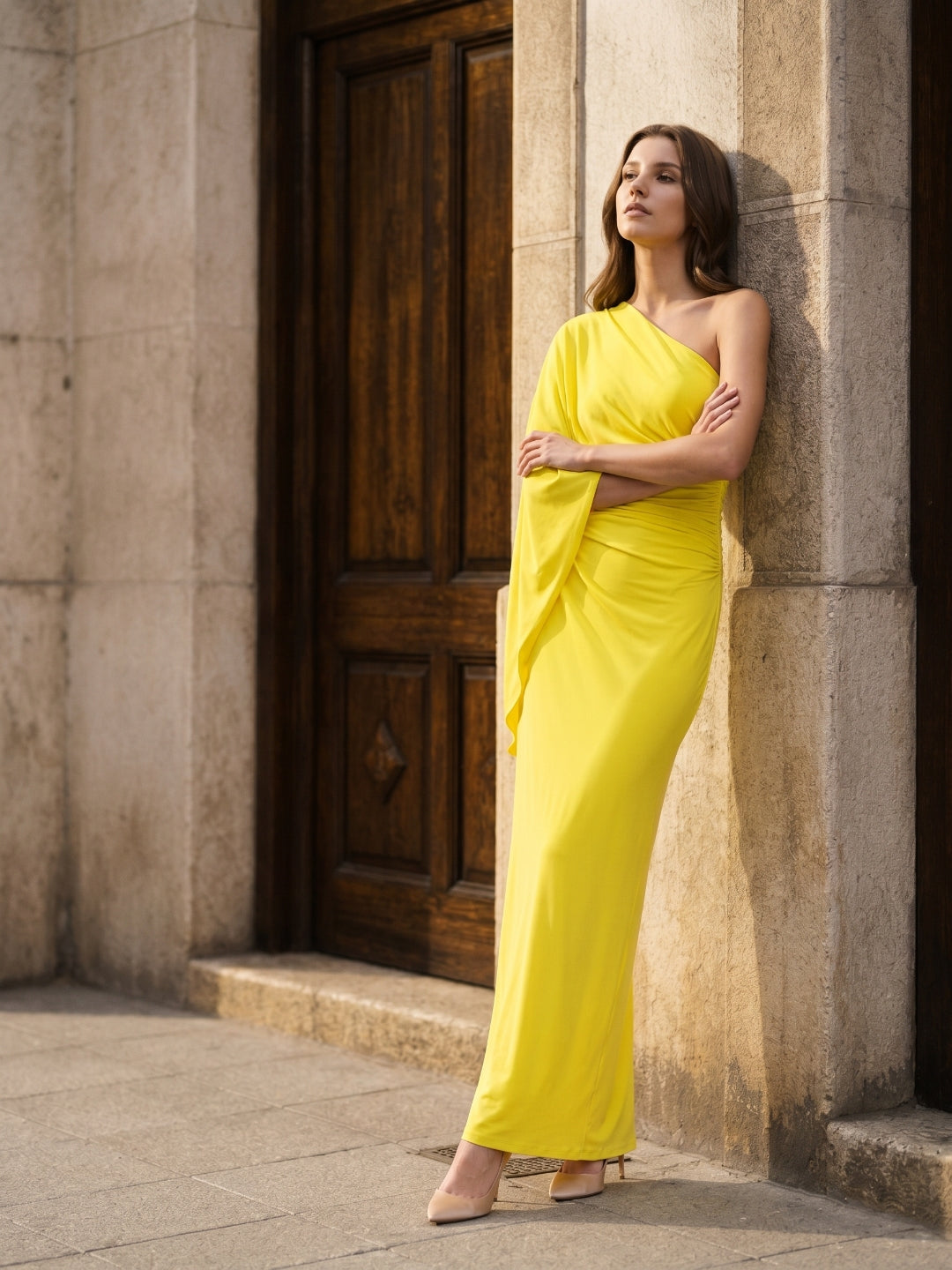 Lemon Stretch Knit Column One Shoulder Backless Ankle-Length Bridesmaid Dress with Pleats