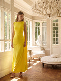Lemon Stretch Knit Column Scoop Neck Floor-Length Bridesmaid Dress with Pleats