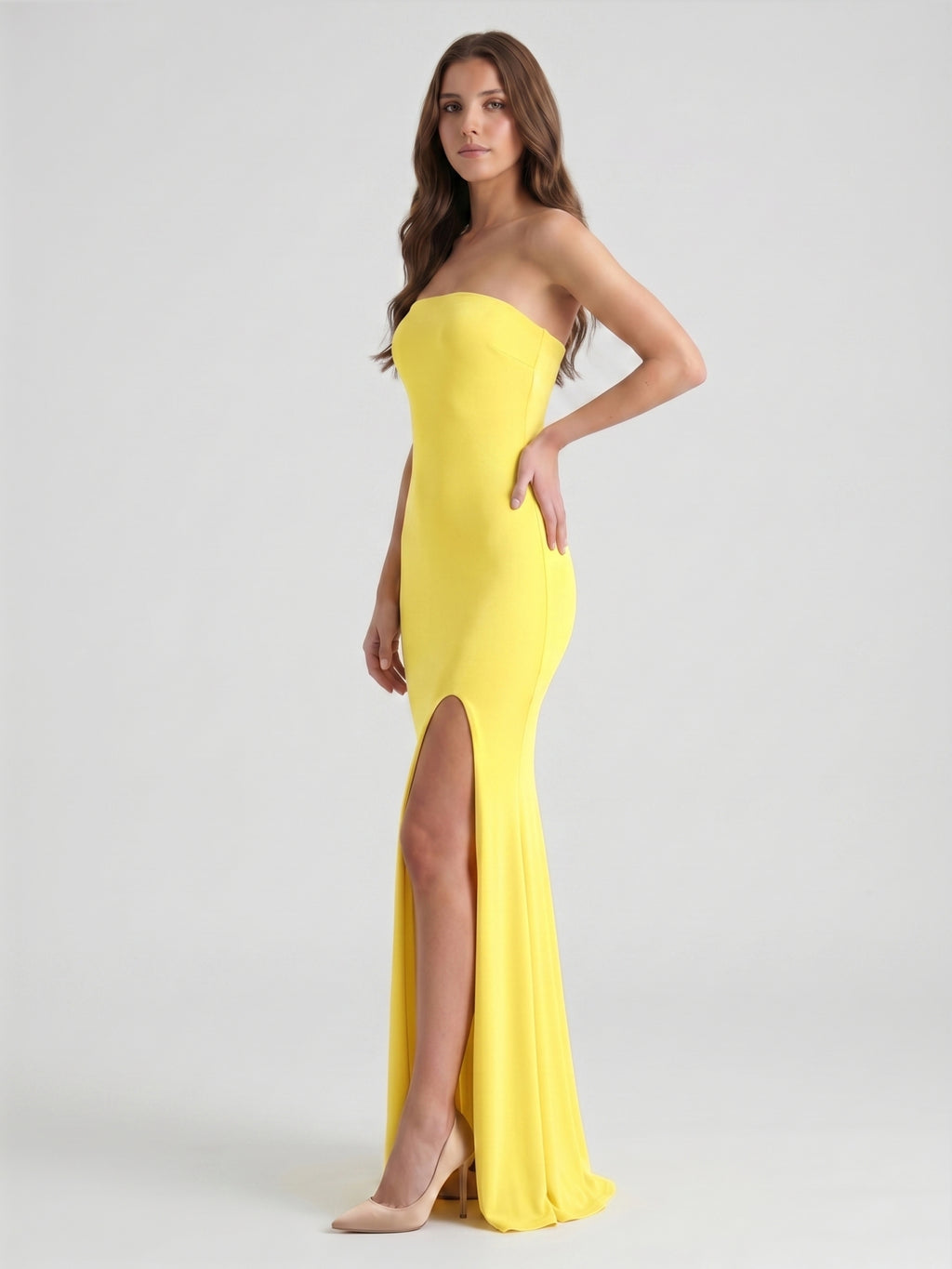 Lemon Stretch Knit Mermaid Straight Neck Backless Floor-Length Bridesmaid Dress