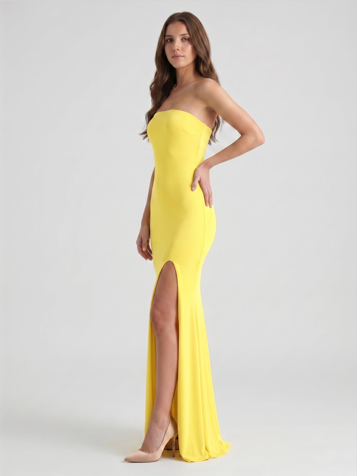 Lemon Stretch Knit Mermaid Straight Neck Backless Floor-Length Bridesmaid Dress