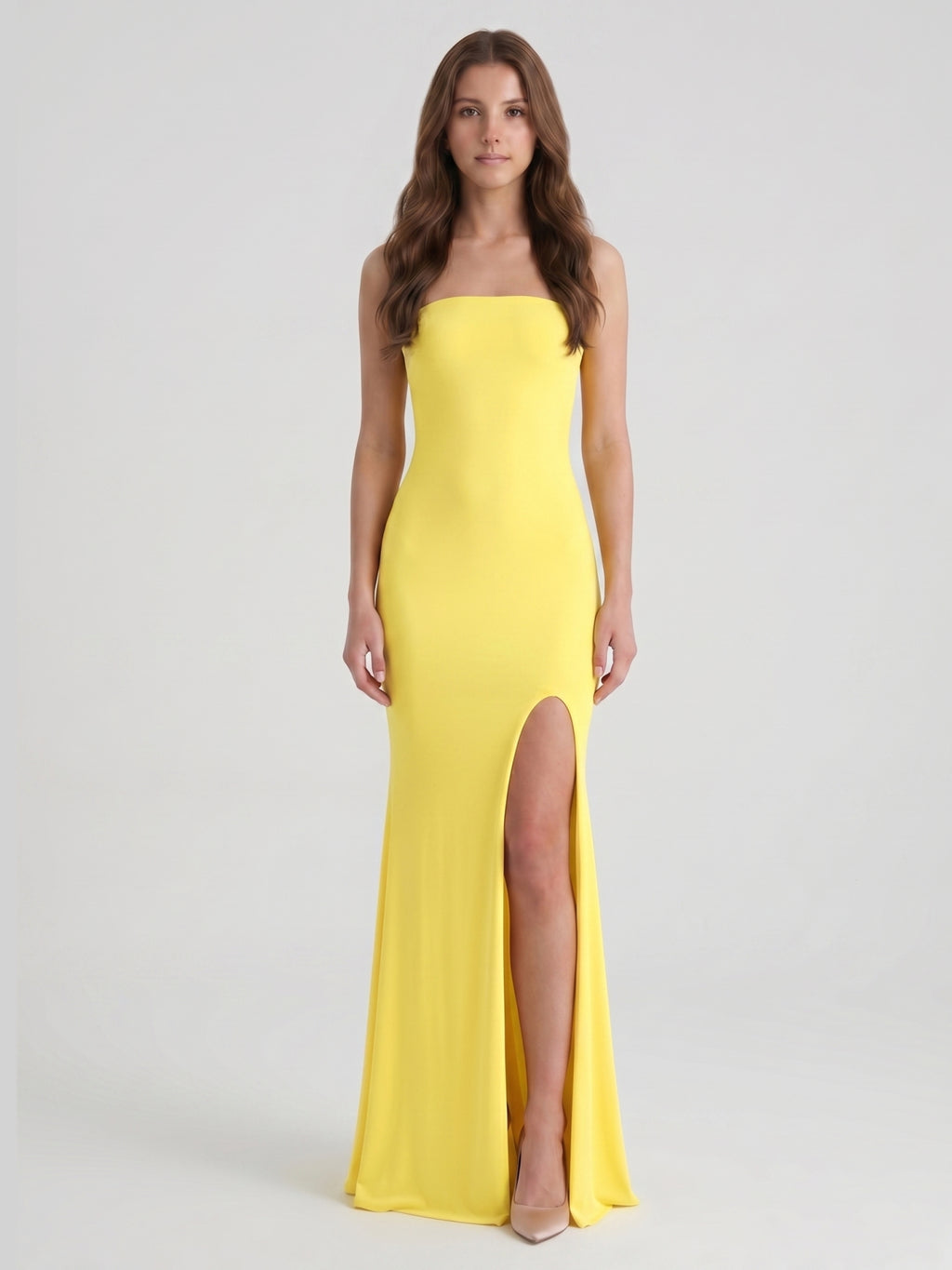 Lemon Stretch Knit Mermaid Straight Neck Backless Floor-Length Bridesmaid Dress