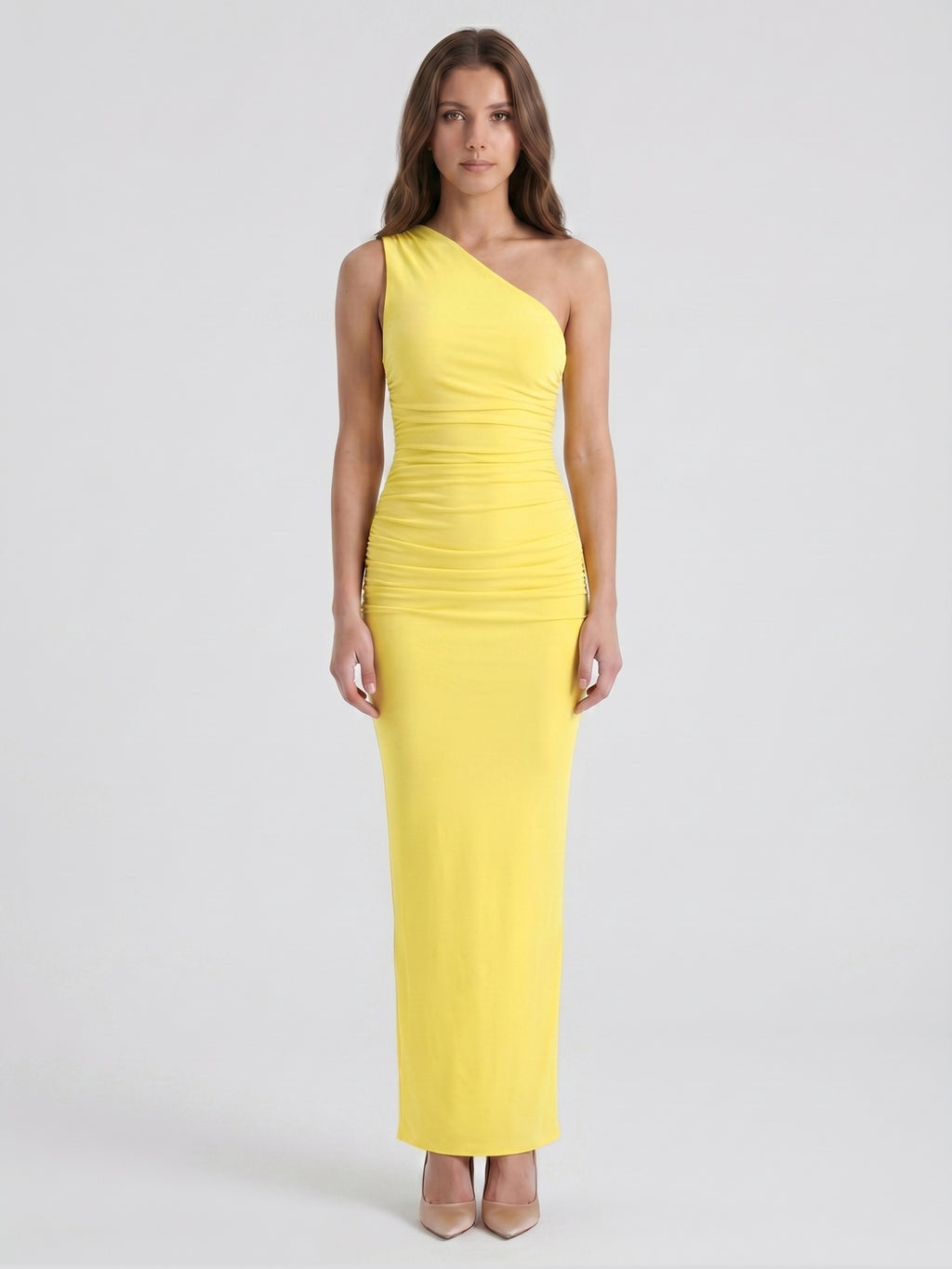 Lemon Stretch Knit Sheath One Shoulder Ankle-Length Bridesmaid Dress with Pleated Accents-1