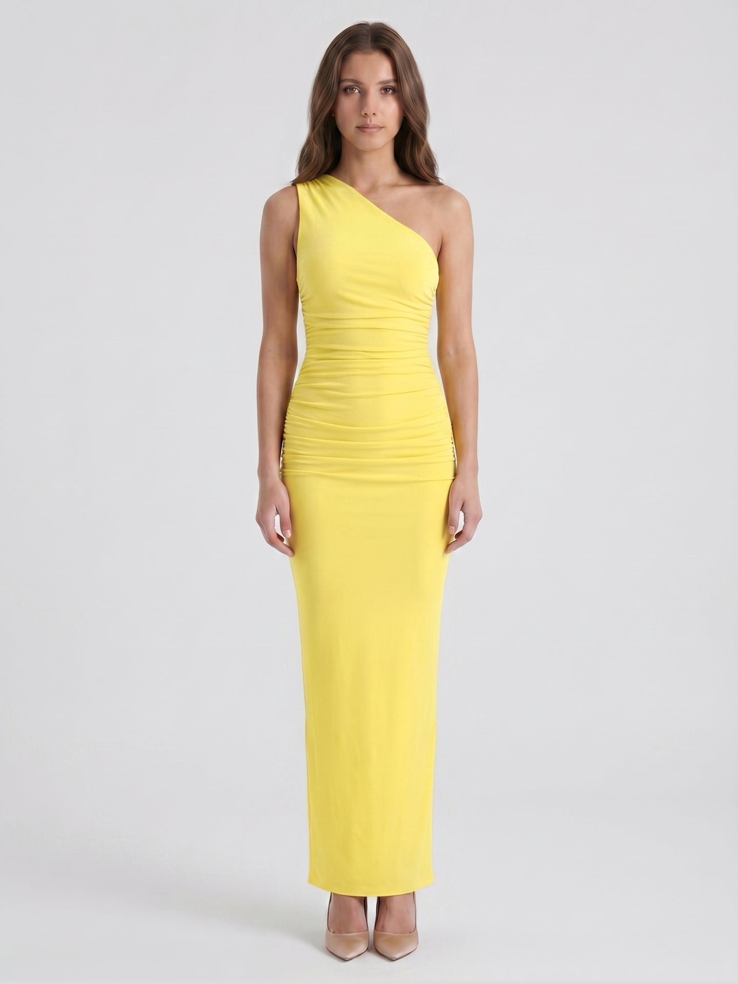Lemon Stretch Knit Sheath One Shoulder Ankle-Length Bridesmaid Dress with Pleated Accents-1