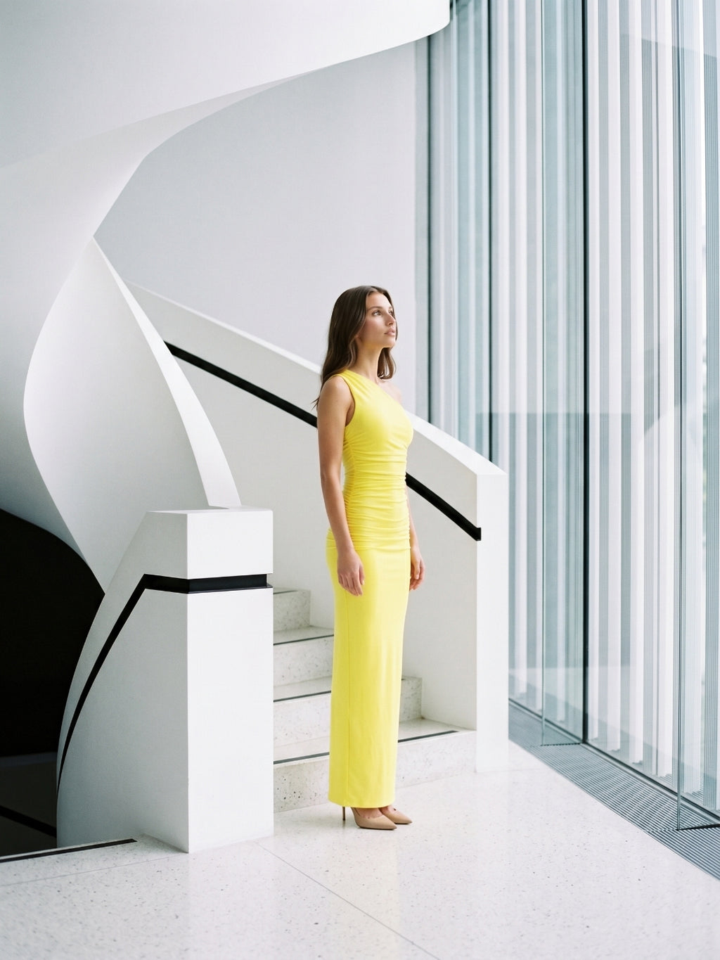 Lemon Stretch Knit Sheath One Shoulder Ankle-Length Bridesmaid Dress with Pleated Accents-1