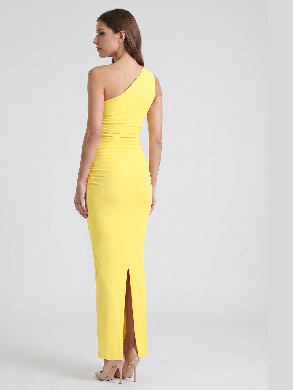 Lemon Stretch Knit Sheath One Shoulder Ankle-Length Bridesmaid Dress with Pleated Accents-1