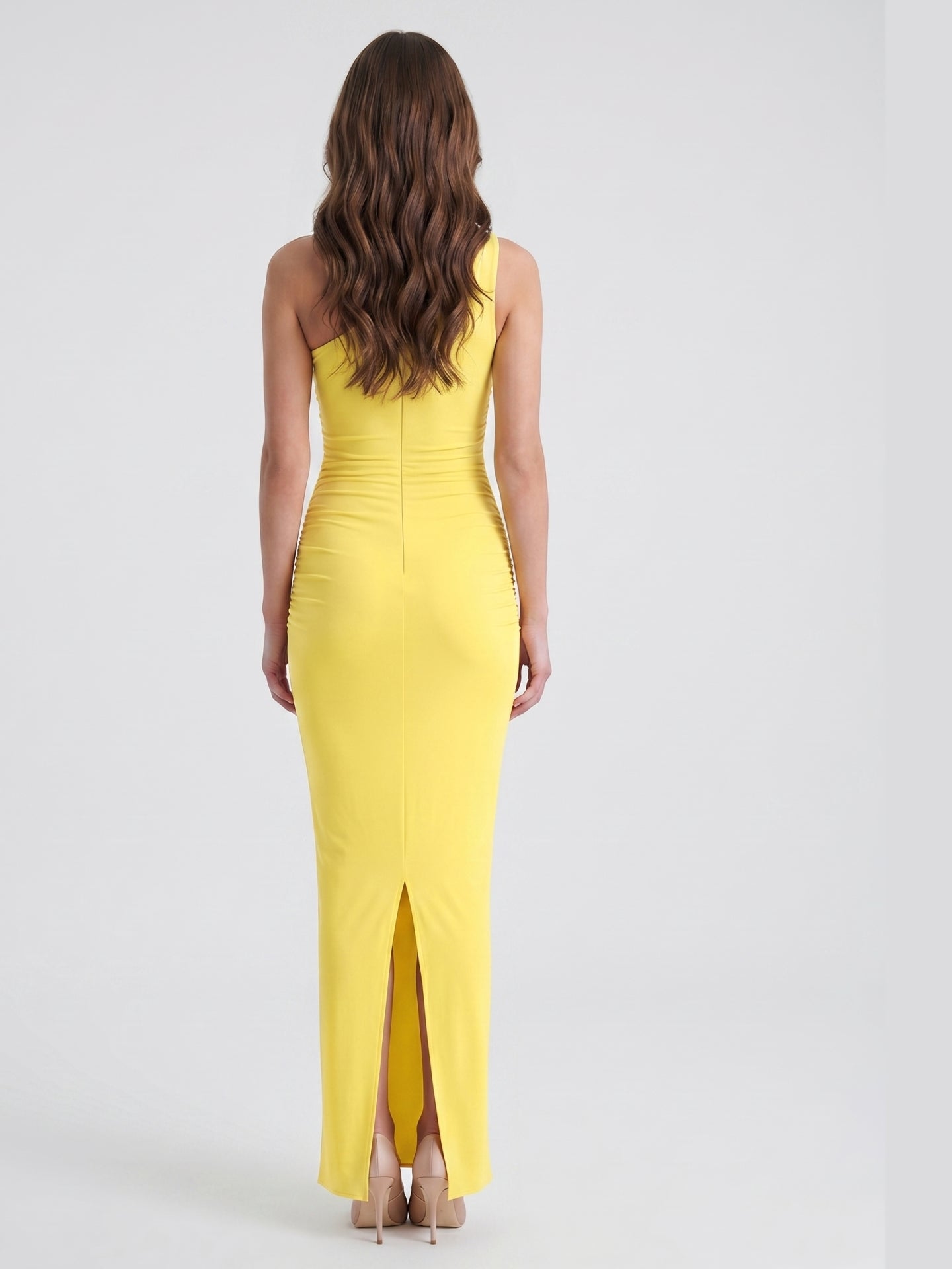 Lemon Stretch Knit Sheath One Shoulder Ankle-Length Bridesmaid Dress with Pleated Accents-1
