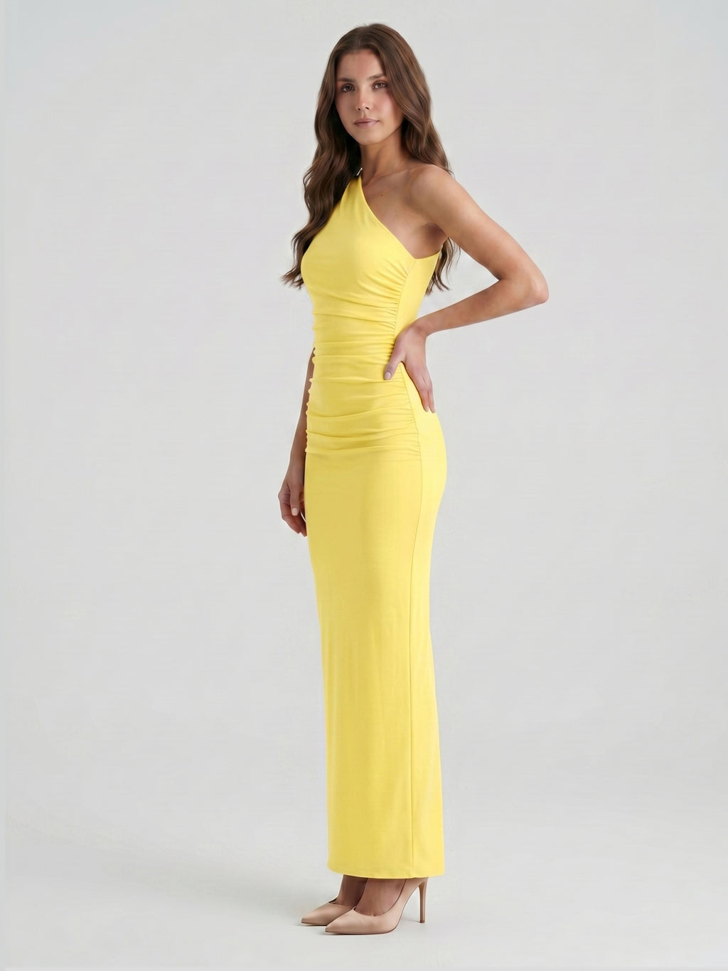 Lemon Stretch Knit Sheath One Shoulder Ankle-Length Bridesmaid Dress with Pleated Accents-1