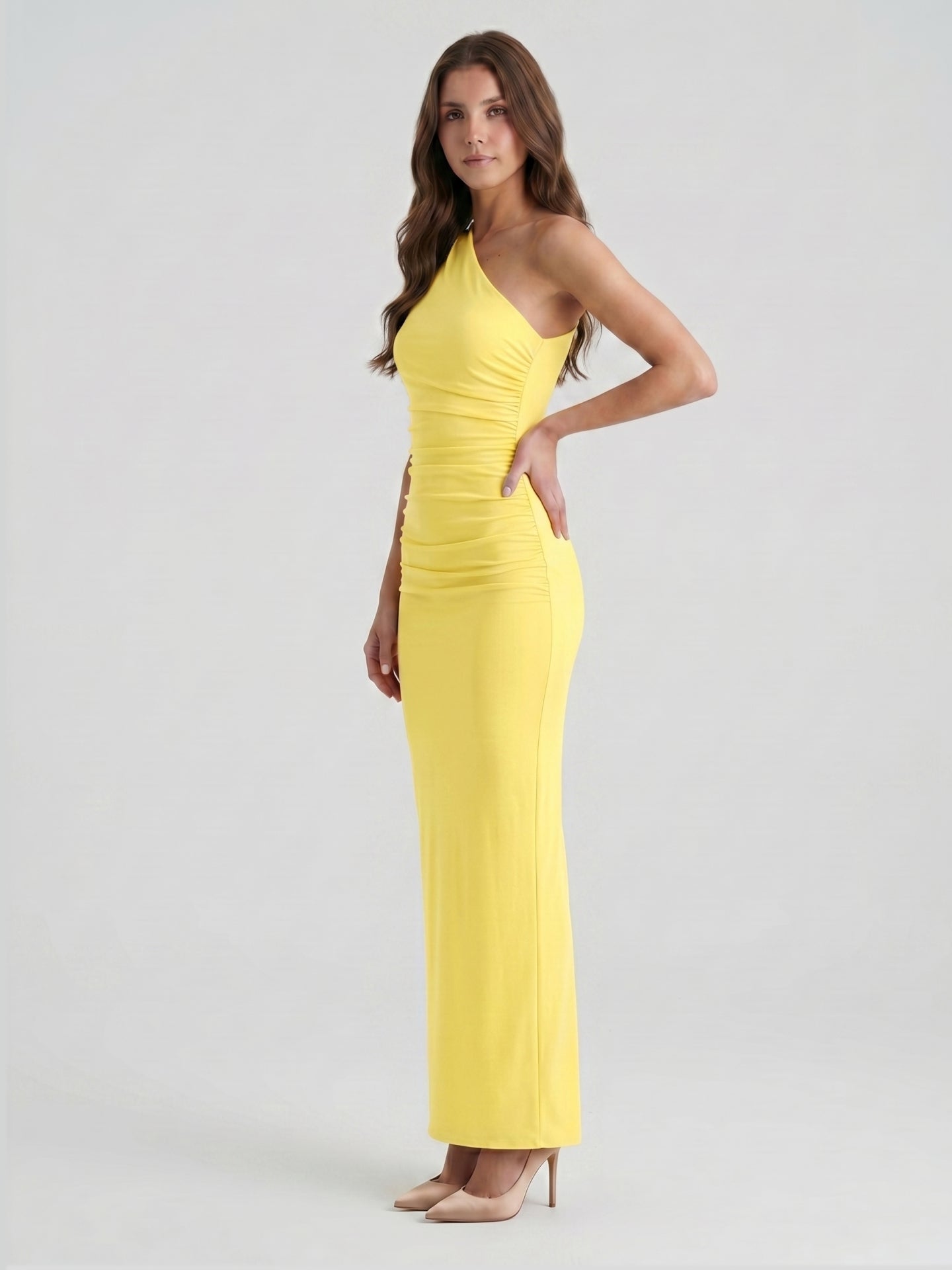 Lemon Stretch Knit Sheath One Shoulder Ankle-Length Bridesmaid Dress with Pleated Accents-1