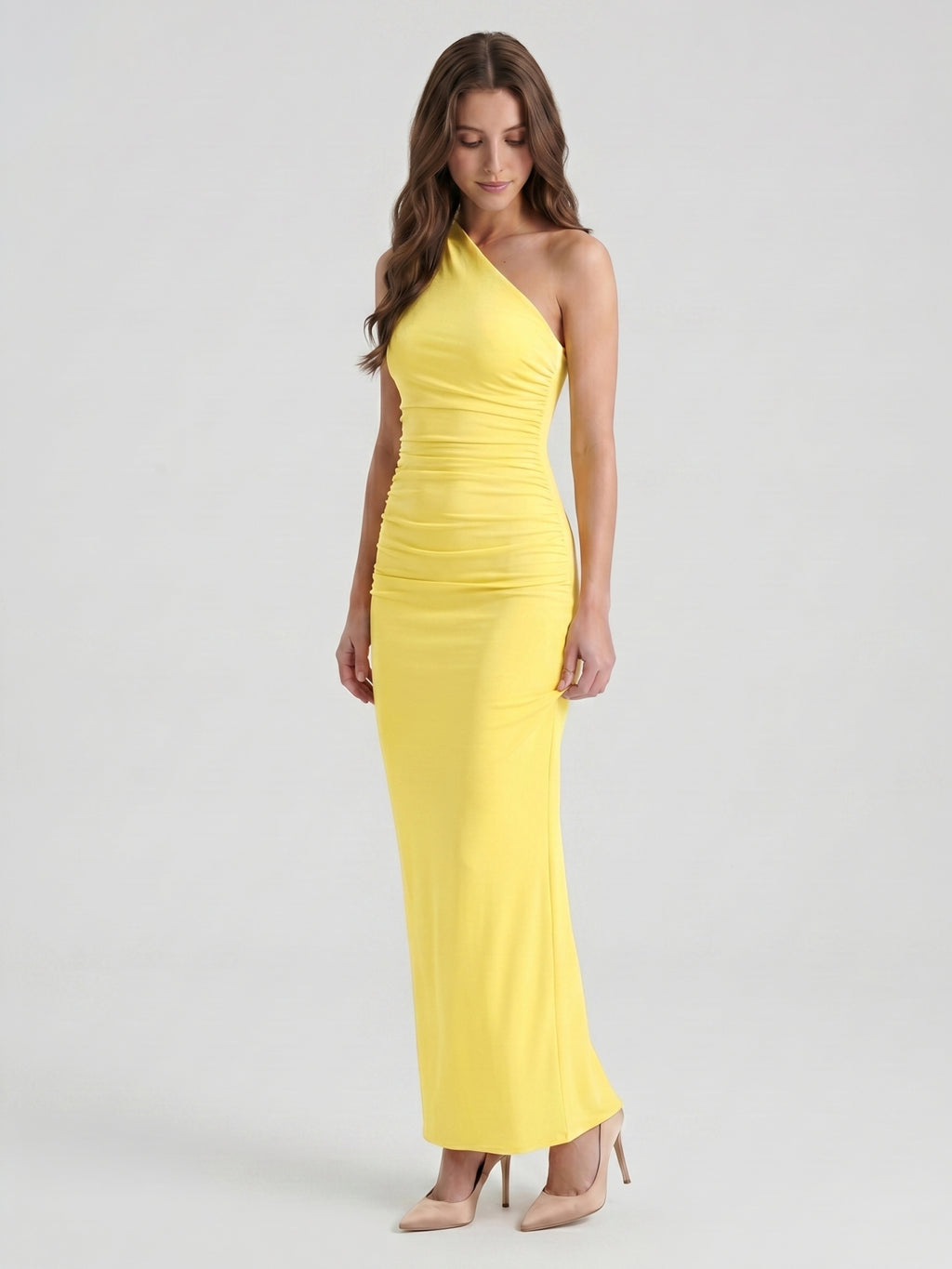 Lemon Stretch Knit Sheath One Shoulder Ankle-Length Bridesmaid Dress with Pleated Accents-1