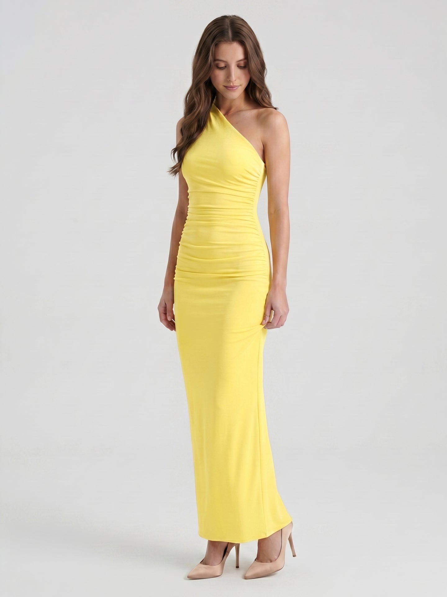 Lemon Stretch Knit Sheath One Shoulder Ankle-Length Bridesmaid Dress with Pleated Accents-1