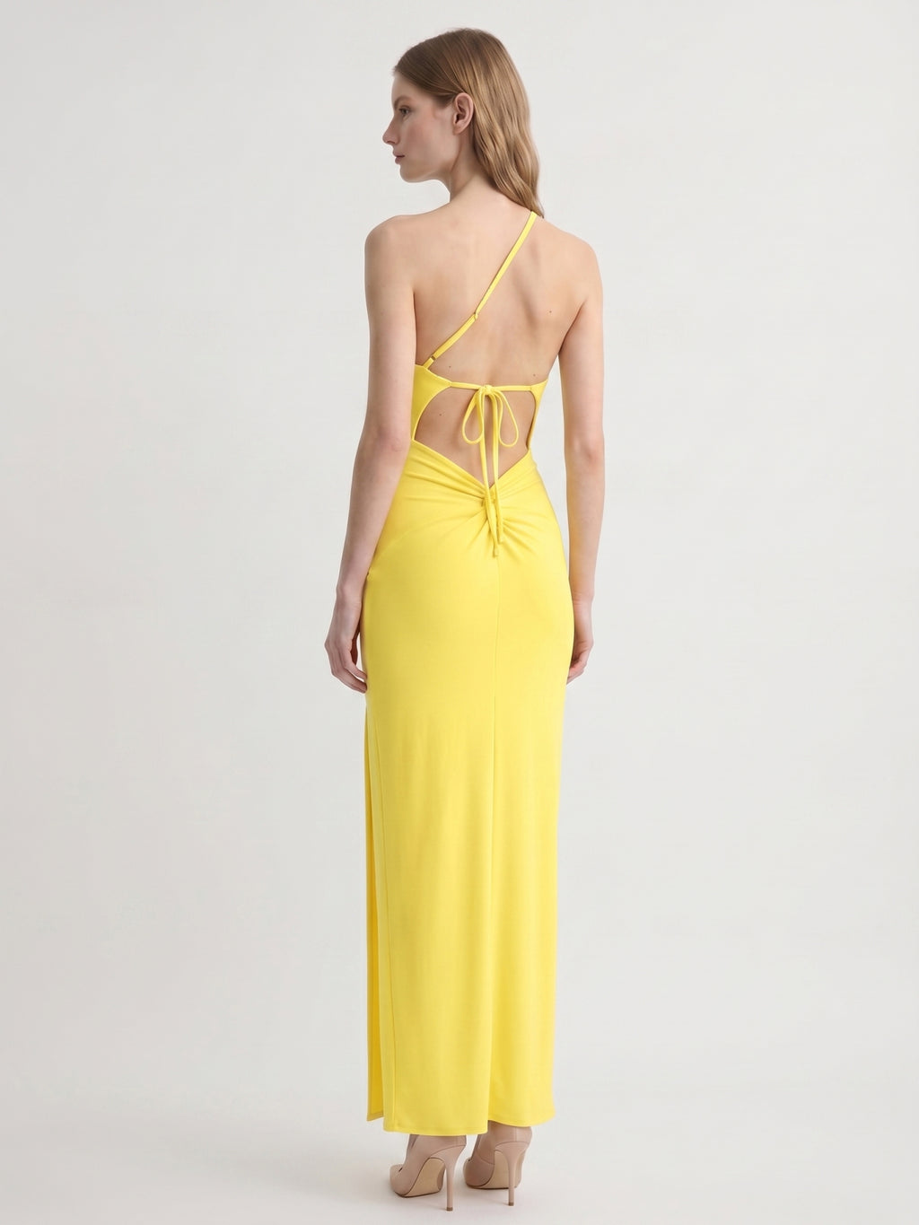 Lemon Stretch Knit Sheath One Shoulder Backless Ankle-Length Bridesmaid Dress with Pleats