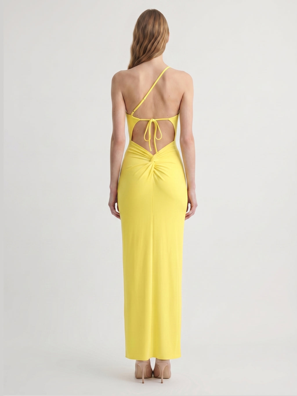 Lemon Stretch Knit Sheath One Shoulder Backless Ankle-Length Bridesmaid Dress with Pleats