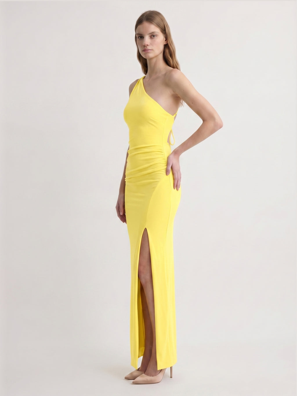 Lemon Stretch Knit Sheath One Shoulder Backless Ankle-Length Bridesmaid Dress with Pleats