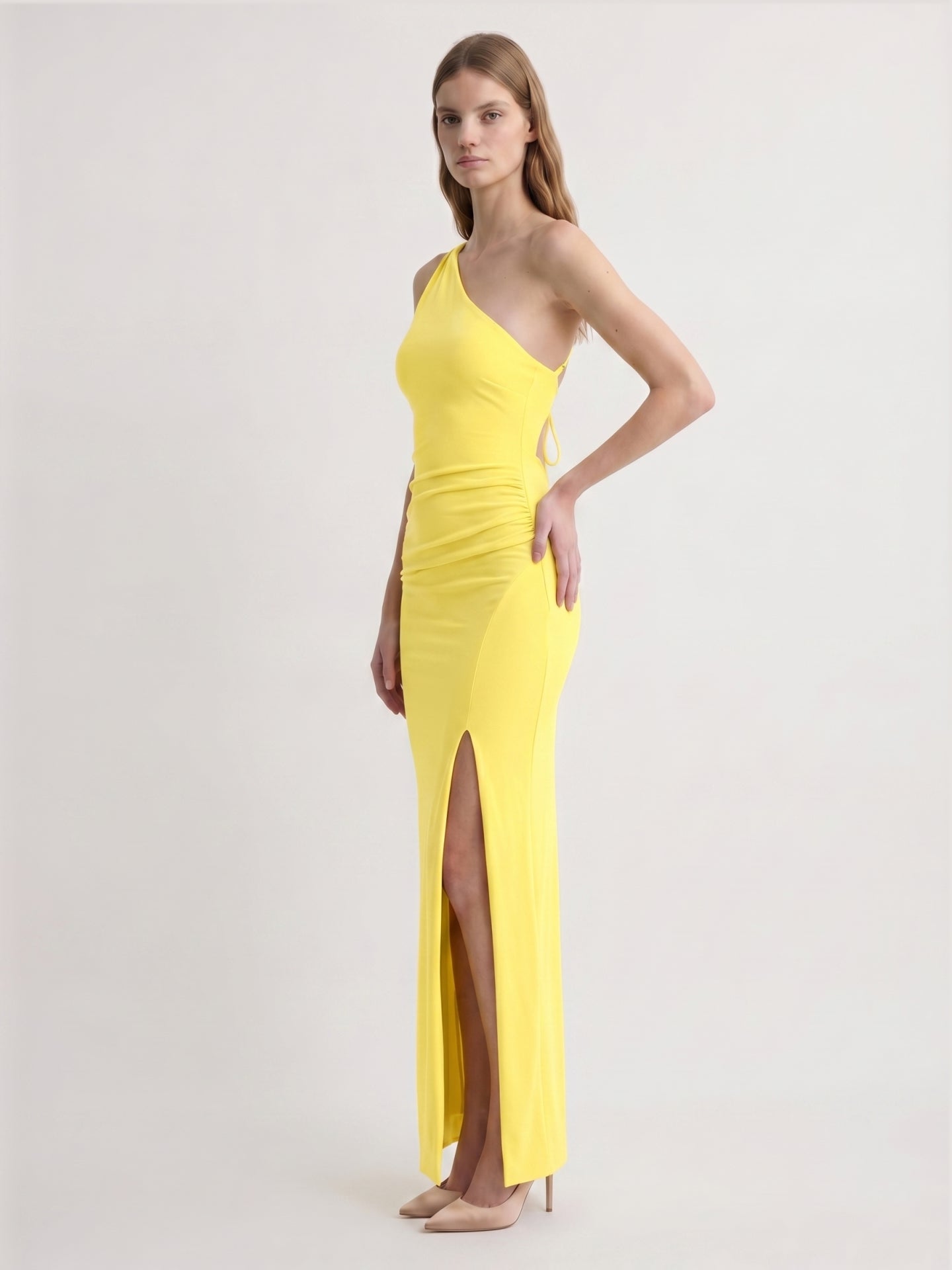Lemon Stretch Knit Sheath One Shoulder Backless Ankle-Length Bridesmaid Dress with Pleats