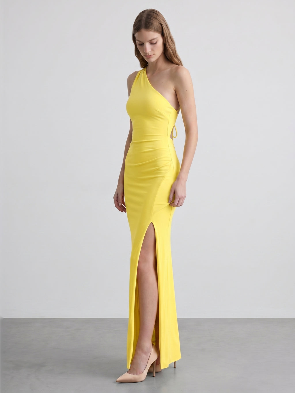 Lemon Stretch Knit Sheath One Shoulder Backless Ankle-Length Bridesmaid Dress with Pleats