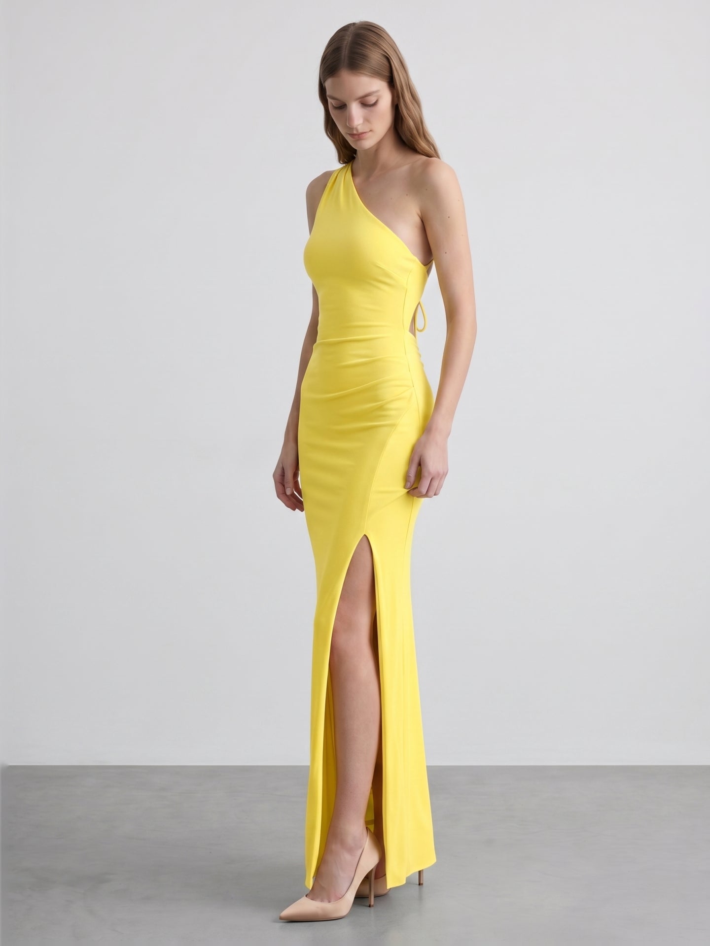 Lemon Stretch Knit Sheath One Shoulder Backless Ankle-Length Bridesmaid Dress with Pleats