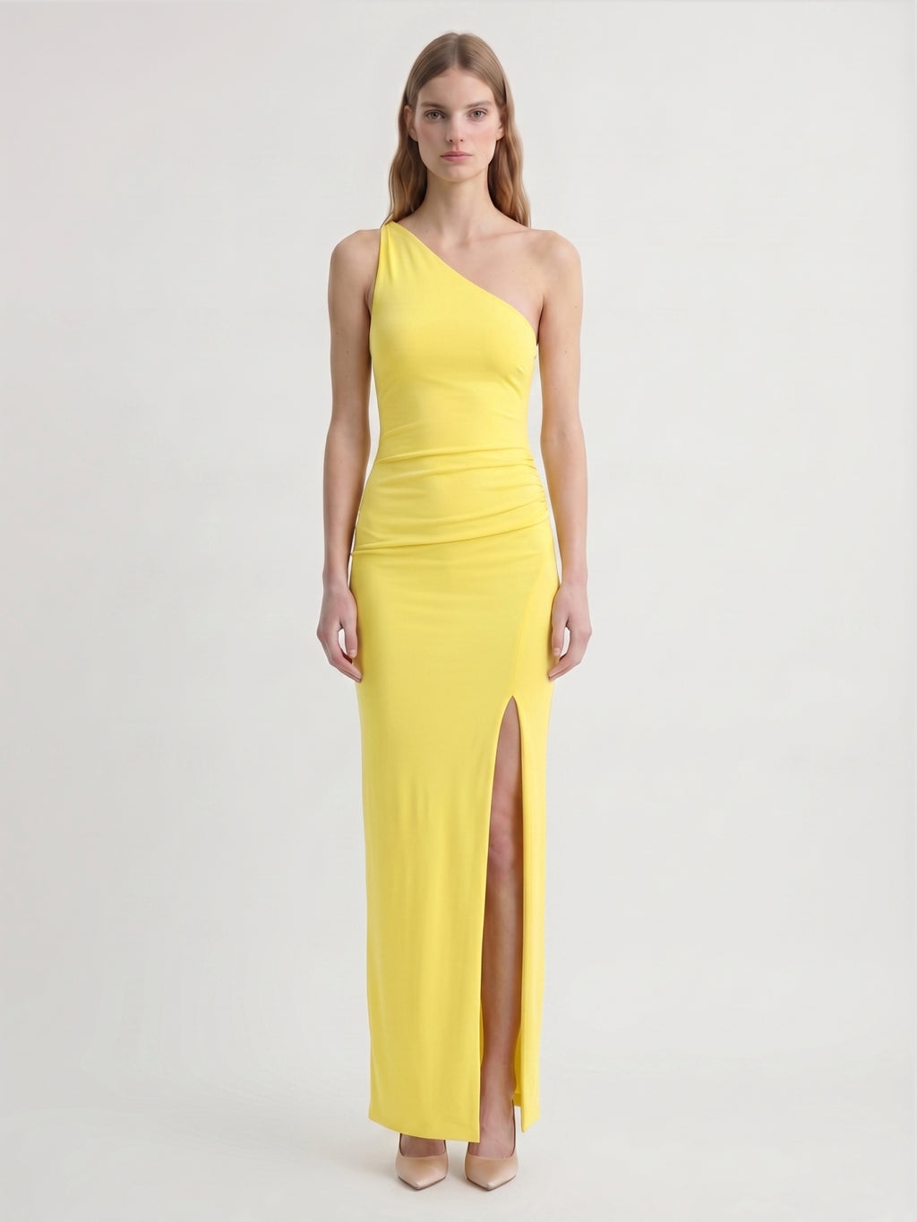 Lemon Stretch Knit Sheath One Shoulder Backless Ankle-Length Bridesmaid Dress with Pleats