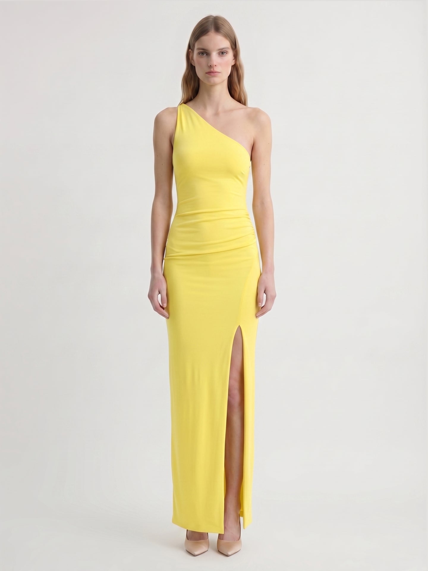 Lemon Stretch Knit Sheath One Shoulder Backless Ankle-Length Bridesmaid Dress with Pleats